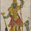 Large green figure with small green monkey-faced figure, Hanuman?