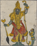 Large green figure with small green monkey-faced figure, Hanuman?