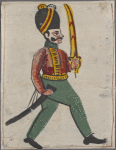 Marching soldier in red military coat, displaying a sword, facing right.