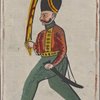 Marching soldier in red military coat, displaying a sword, facing left.