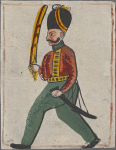 Marching soldier in red military coat, displaying a sword, facing left.