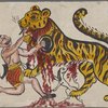 Male figure holding shield or plate, fighting with a tiger, blood streaming from tiger's mouth, [dog?] underneath tiger, blood streaming on its head.]