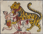 Male figure holding shield or plate, fighting with a tiger, blood streaming from tiger's mouth, [dog?] underneath tiger, blood streaming on its head.]