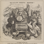 Cartoon containing words: Whistler versus Ruskin, with printed caption underneath, reading: An appeal to the law. Naughty critic, to use bad language! Silly painter, to go to law about it!