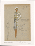 Fitted olive plaid suit with cutaway jacket, flap pockets at waist, and sunburst pleated skirt.