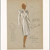 Fitted coat with decorative quilting at neck and shoulders and pleats at waist and on skirt.