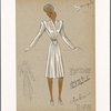 Fitted coat with wide wing lapels, ornamental fastener at waist and shirred skirt.