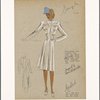 Fitted collarless coat with decorative horizontal tabbed pockets.