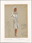 Fitted full-skirted coat with stitching embellishment on collar and on semicircular hip pockets.