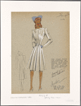 Fitted dressmaker coat with vertical tucks on bodice, looped front half-belt, and softly pleated skirt.