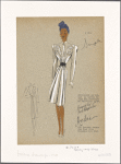Belted fitted long-sleeved dress or coat with flowing skirt and scrolled embroidery embellishment on bodice.