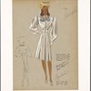 Fitted coat or dress with embroidered bib neckline, full sleeve tapering closed at wrist, and pleats at bottom of skirt.