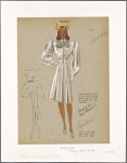 Fitted coat or dress with embroidered bib neckline, full sleeve tapering closed at wrist, and pleats at bottom of skirt.