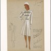 Fitted dressy coat with white collar and cuffs and 3 bands of horizontal leaf motif trim at closing.