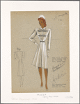 Fitted dressy coat with white collar and cuffs and 3 bands of horizontal leaf motif trim at closing.