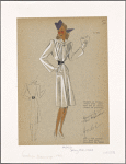 Belted coat with triangular yoke, knife pleats on bodice and seamed pockets.