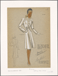 Fitted collarless coat with side belt and bodice pockets.