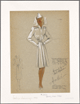 Coat with disappearing collar and red wool inserts on shoulder and belt.