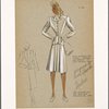 Two-piece suit with jacket edged in cord and skirt with front center pleats.