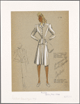 Two-piece suit with jacket edged in cord and skirt with front center pleats.