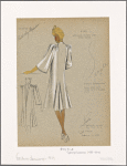 Pencil silhouette coat with gathers at shoulders and sleeves edged with cord.