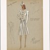 Coat with form fitting bodice and gathering beneath pocket flaps.