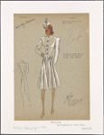 Coat with form fitting bodice and gathering beneath pocket flaps.