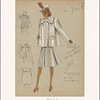 Three piece ensemble of full short coat with shirring beneath yoke and at shoulders, fitted jacket and skirt with inverted pleat
