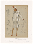 Three piece ensemble of full short coat with shirring beneath yoke and at shoulders, fitted jacket and skirt with inverted pleat