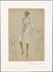 Coat with gathers at shoulders, slit pockets on bodice, set in belt and loose hip pockets.