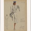 Suit with flared hem on skirt and hook closings and angled slot seams on jacket front