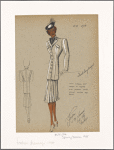 Tunic length suit jacket in tweed with pleated skirt velvet collar and ascot.