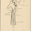 Two-piece woolen suit with beige jacket and black skirt.