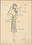 Two-piece woolen suit with beige jacket and black skirt.
