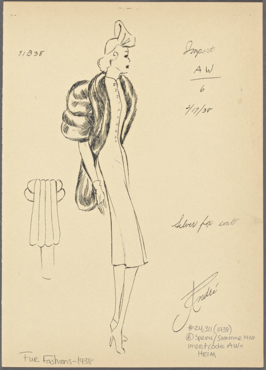 [Fur swagger coat with tuxedo collar and push-up sleeve.] - NYPL ...