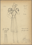 Pleated wool coat with waistband closing and wide fur collar with two animal faces