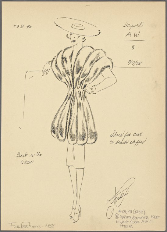 Fur coat with pelts emphasized and tails gathered at waist. - NYPL ...