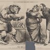 [Lord Salisbury pointing to a growling bear chained to a pole with a shackle labeled: "Berlin Treaty," and a woman who draws back.]