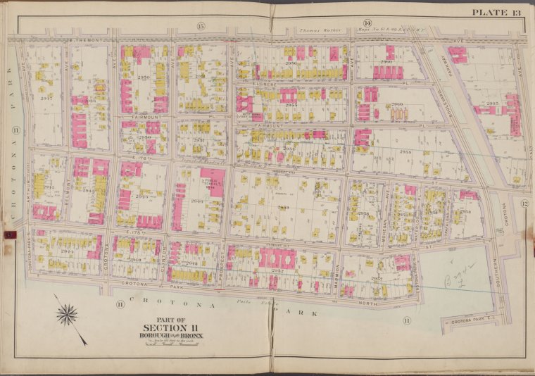 Plate 13 [Map bounded by E. Tremont Ave., Daly Ave., Crotona Park, Arthur Ave.] NYPL Digital