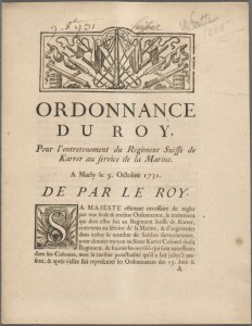 Ordonnance du roy, pour l'entretenement du Regiment suiss de Karrer au service de la marine. A Marly le 9. octobre 1731. De par le roy.