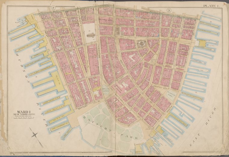 Plate 1 [Map bounded by Liberty St., Maiden Lane, East River, Hudson River]