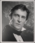Jeremy Brett in publicity photo for the touring stage production of the 1977-80 revival of Dracula, sets by Edward Gorey