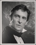 Jeremy Brett in publicity photo for the touring stage production of the 1977-80 revival of Dracula, sets by Edward Gorey