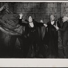 Alan Coates [obscured behind cape] Raul Julia, Jerome Dempsey and Dillon Evans in the 1977-80 Broadway revival of Dracula, sets by Edward Gorey