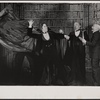 Alan Coates [obscured behind cape], Raul Julia, Jerome Dempsey and Dillon Evans in the 1977-80 Broadway revival of Dracula, sets by Edward Gorey