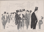 Au foyer du Théatre Réjane pendant un entr'acte de la répétition générale, par Sem. M. Gunsbourg. M. Arthur Meyer. M. Pierre Wolff. M. et Mme. Catulle Mendès. Mlle. Polaire. M. Victorien Sardou. M. Ludovic Halévy. Marquis de Massa. M. Feydeau. M. Capus. M. de Croisset. M. Alfred Edwards. M. Jacques Porel.