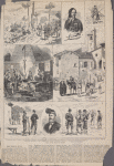 The Civil War in Spain. 1. Advanced guard of Carlists in the Montains of Montseny. 2. General Savalls. 3. Carlist sentinel. 4. Reception of the Carlists by Village priests. 5. Inside a mountain inn. 6. Republican national guards from Barcelona. 7. Xich de la Barraqueta, Colonel of republican volunteers. 8. Specimens of republican volunteers.