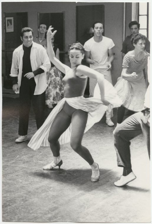 Chita Rivera, dancers in rehearsal for stage production West Side Story, Martha Swope