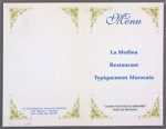 Dinner menu at La Medina Restaurant 13, Bis Derb El Hammam Guerniz (Fes Medina, Maroc, French, Restaurant)