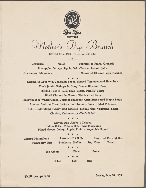 Mother's Day Brunch menu, Park Lane